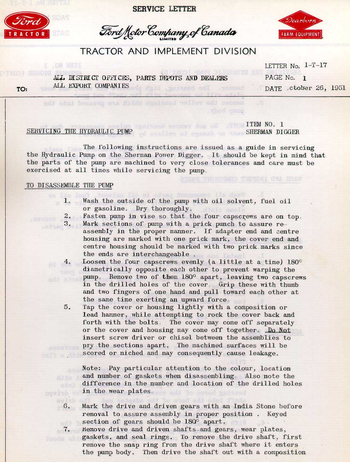 1951 Sherman 54B Digger Tech. Service Bulletin